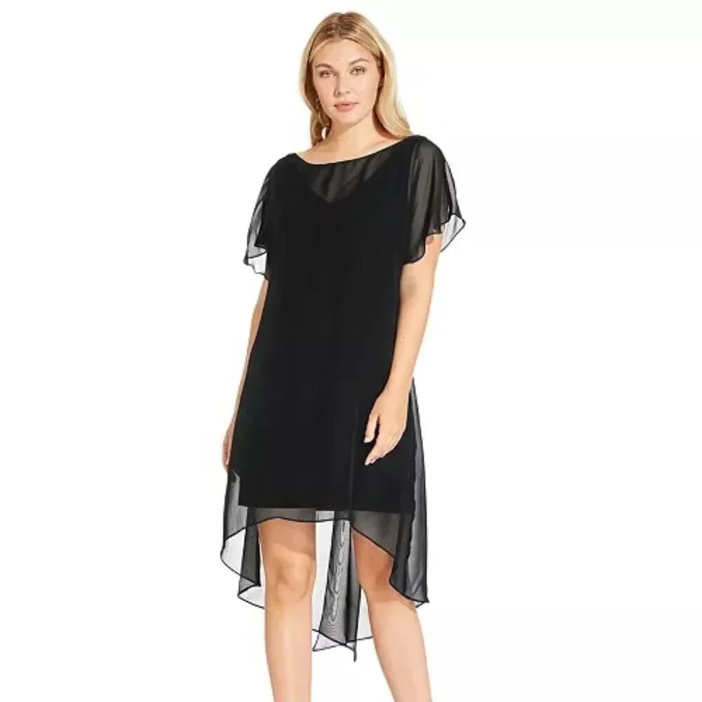 NWT Adrianna Papell Womens Chiffon Overlay Cocktail And Party Dress Black Size S